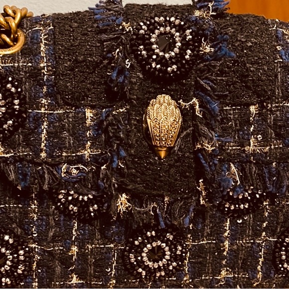 KURT GEIGER NAVY & BLACK EMBELLISHED with Gold Accent Tweed Handbag - Gold Chain - Picture 8 of 16